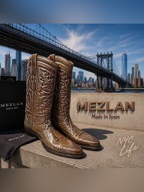 Mezlan Men’s Brown Ostrich Pointed Toe Boots Size 10.5M Slip-On Luxury